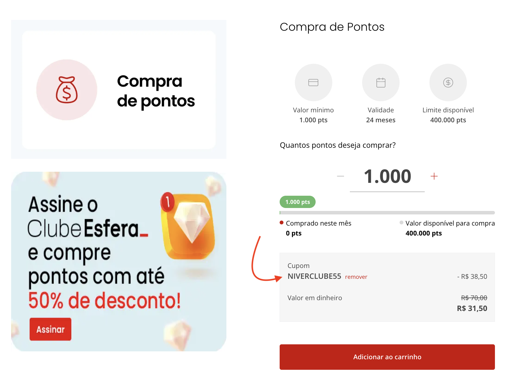 Exemplo de compra de pontos Esfera com cupom de desconto.